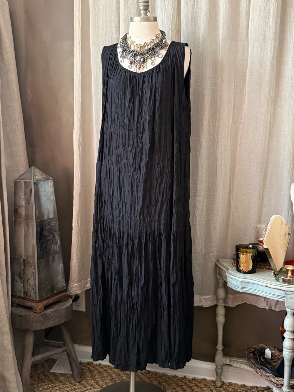 Uniqlo x Ines de la Fressange Sleeveless Black Maxi Pleated oversized Dress y2k